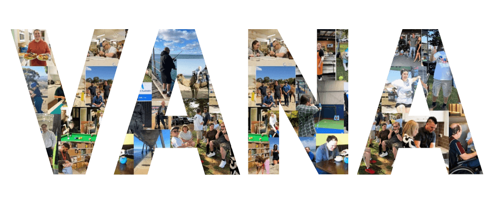 VANA logo filled with a mosaic of client and support worker moments